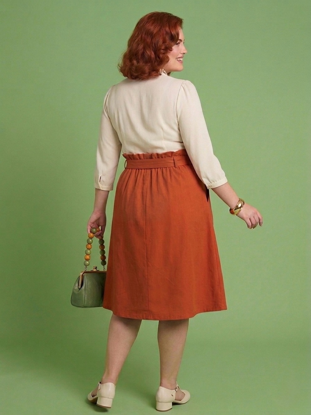 Rust Terracotta Paperbag Waist Button Front Midi Skirt Cotton ModCloth Style Lrg - Picture 2 of 12